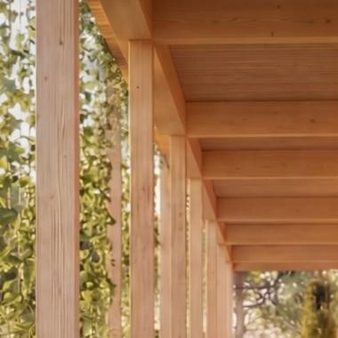 Überdachter Holzgang mit Blick auf eine begrünte Fassade